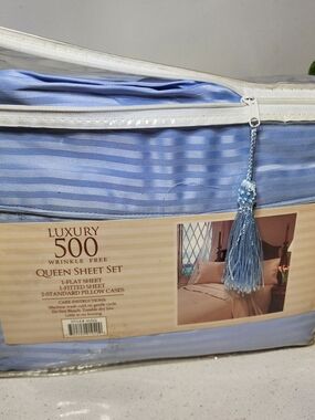 Queen Sheet Set - Luxury500 Light Blue Striped New